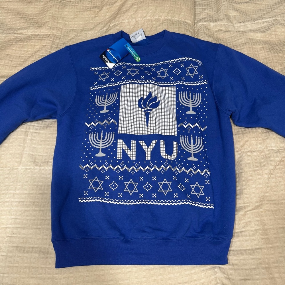 Champion Blue Crewneck Sweater NYU New York University Jewish Men’s Size Small - Picture 9 of 10